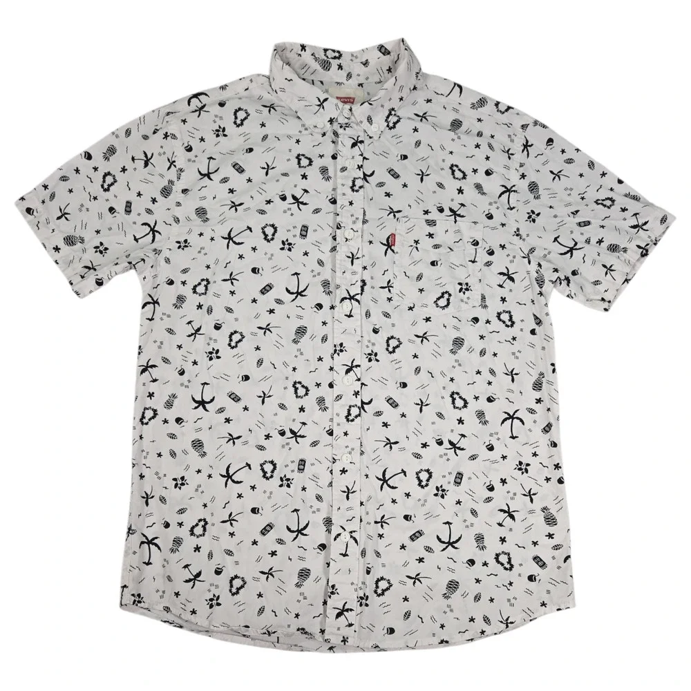 Levi's Men Medium Black White Tiki Resort Hawaiian Tropical Print Short Sleeve